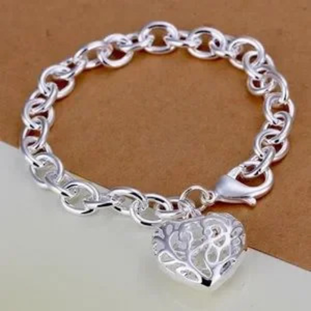 Sterling Silver Heart Pendant Chunky Bracelet